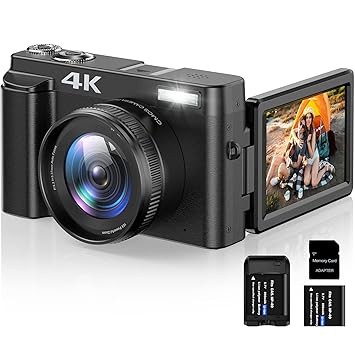 4K Digital Camera for Photography and Video Autofocus 16X Digital Zoom, 48MP Vlogging Camera with 32GB SD Card, 3'' 180° Flip Screen Compact Camera for Travel,2 Batteries Charger Stand