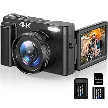 4K Digital Camera for Photography and Video Autofocus 16X Digital Zoom, 48MP Vlogging Camera with 32GB SD Card, 3'' 180° Flip Screen Compact Camera for Travel,2 Batteries Charger Stand