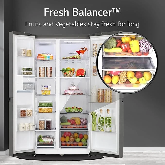 LG 655 L Frost-Free Smart Inverter Double Door Side-By-Side Refrigerator (GL-B257HDSY, Dazzle Steel, Express Freeze | Multi Air-Flow)